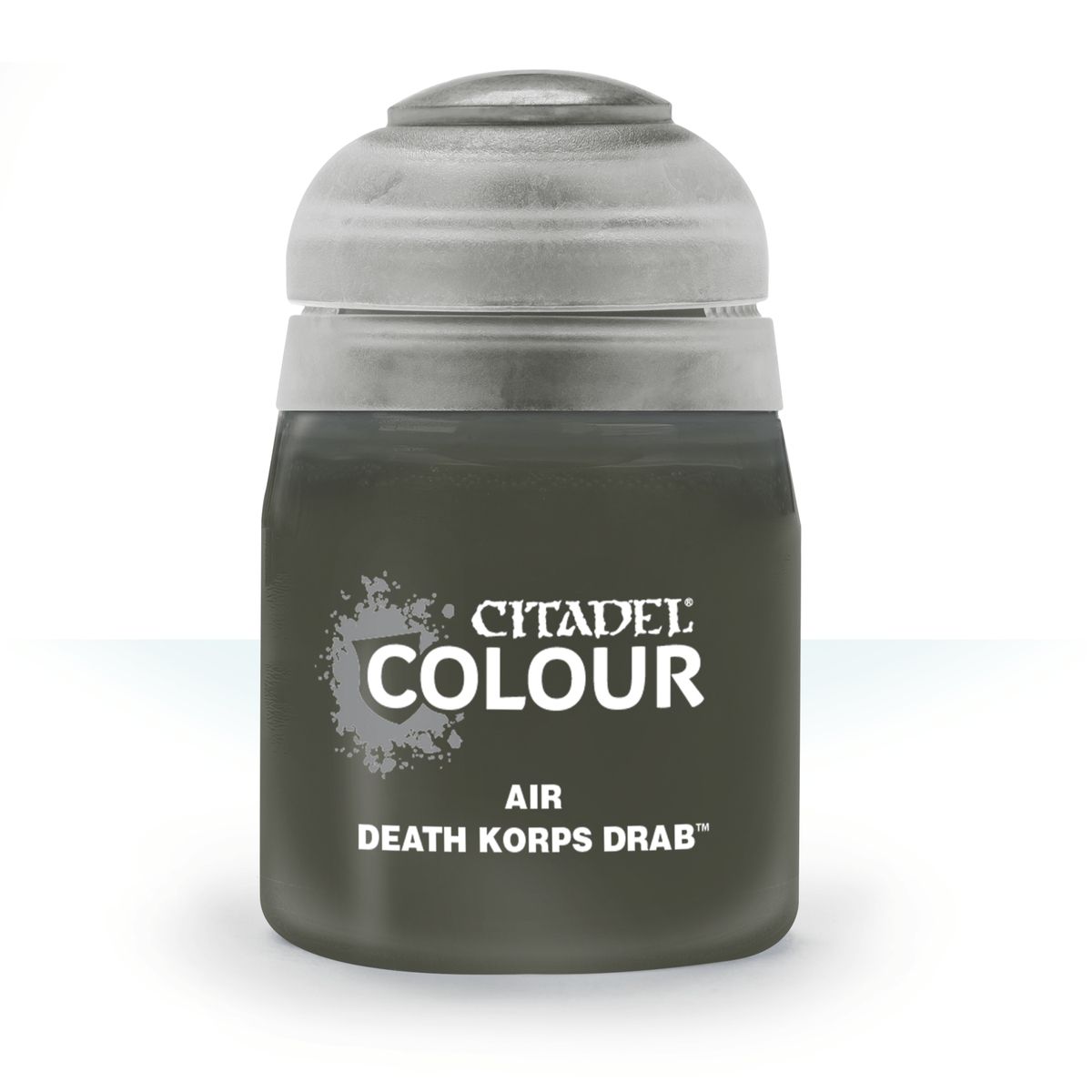 A squat, dark olive-gray Citadel paint bottle with a pale gray ridged cap, shown upright against a white background. Its label reads “CITADEL COLOUR,” “AIR,” and “DEATH KORPS DRAB.”