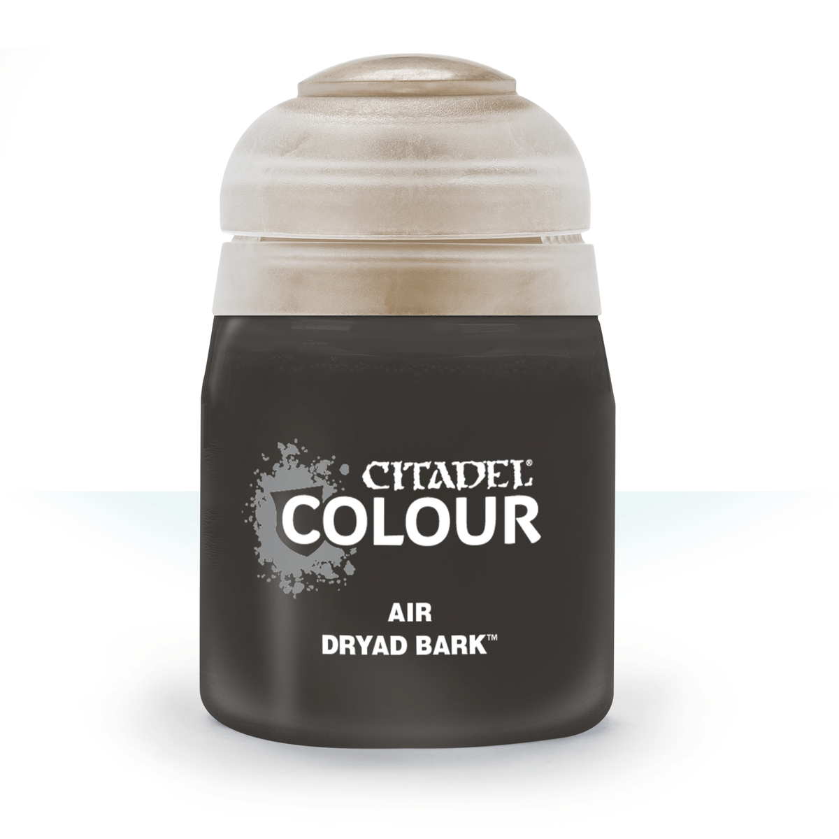 A squat, dark brown Citadel paint bottle stands upright against a white background, with a large pale beige cap. The front label reads “CITADEL COLOUR” and “AIR DRYAD BARK.”
