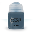 A squat bottle of blue-gray Citadel Air paint stands upright against a white background, with a large pale cap. The label reads “CITADEL COLOUR,” “AIR,” and “THE FANG.”
