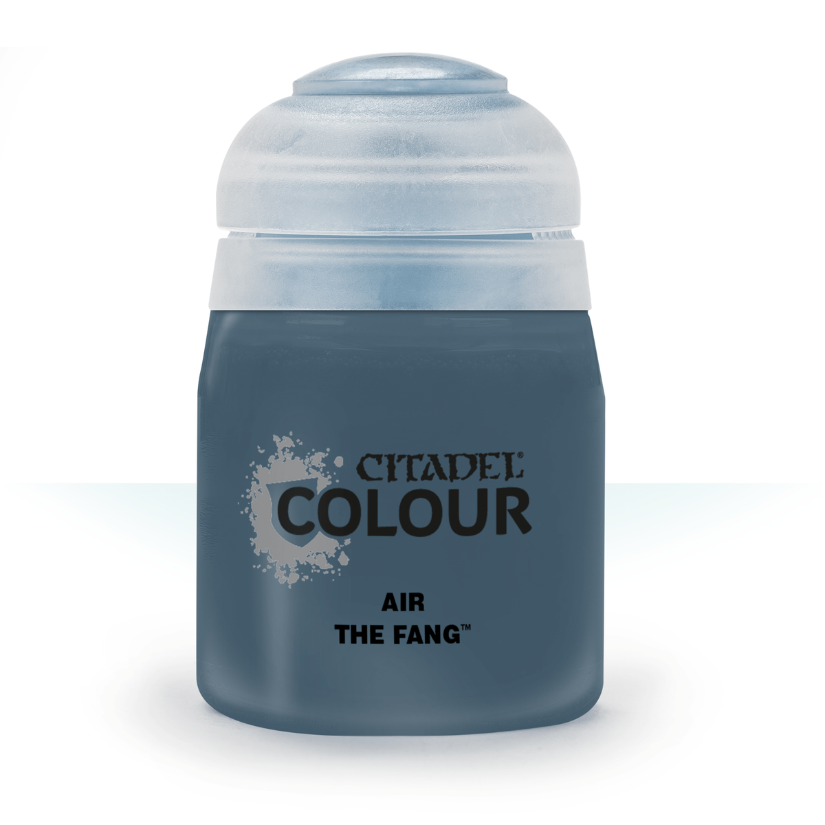A squat bottle of blue-gray Citadel Air paint stands upright against a white background, with a large pale cap. The label reads “CITADEL COLOUR,” “AIR,” and “THE FANG.”
