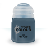 A squat bottle of blue-gray Citadel Air paint stands upright against a white background, with a large pale cap. The label reads “CITADEL COLOUR,” “AIR,” and “THE FANG.”