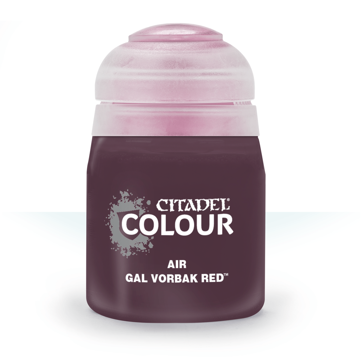 A dark burgundy paint pot with a pale pink translucent cap, shown upright against a white background. Its front label reads “CITADEL COLOUR,” “AIR,” and “GAL VORBAK RED.”