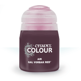 A dark burgundy paint pot with a pale pink translucent cap, shown upright against a white background. Its front label reads “CITADEL COLOUR,” “AIR,” and “GAL VORBAK RED.”