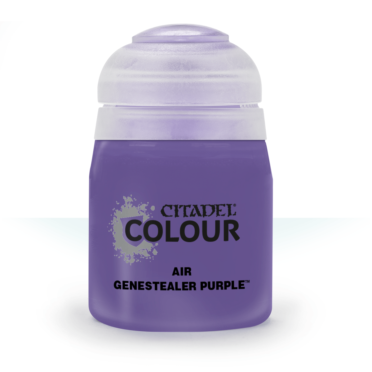A squat purple paint bottle with a pale translucent cap stands against a white background. Its front label reads “CITADEL COLOUR,” “AIR” and “GENESTEALER PURPLE.”