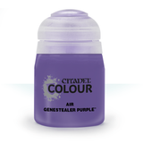 A squat purple paint bottle with a pale translucent cap stands against a white background. Its front label reads “CITADEL COLOUR,” “AIR” and “GENESTEALER PURPLE.”