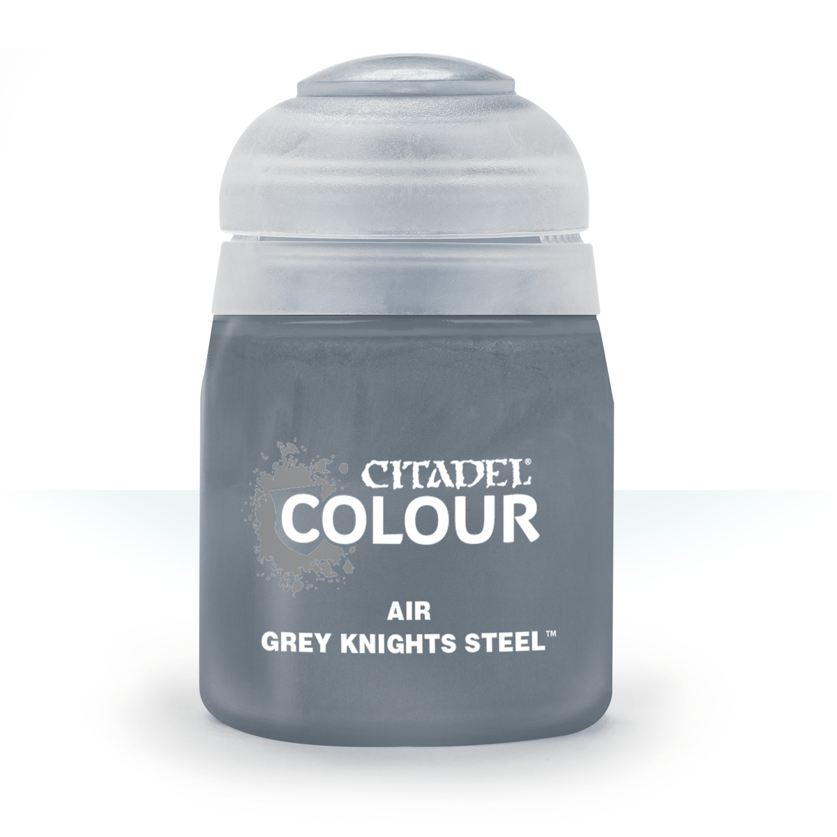 A small, squat bottle of grey miniature paint stands upright against a white background, with a pale grey cap and dark grey body. Its front label reads “CITADEL,” “COLOUR,” “AIR,” and “GREY KNIGHTS STEEL.”