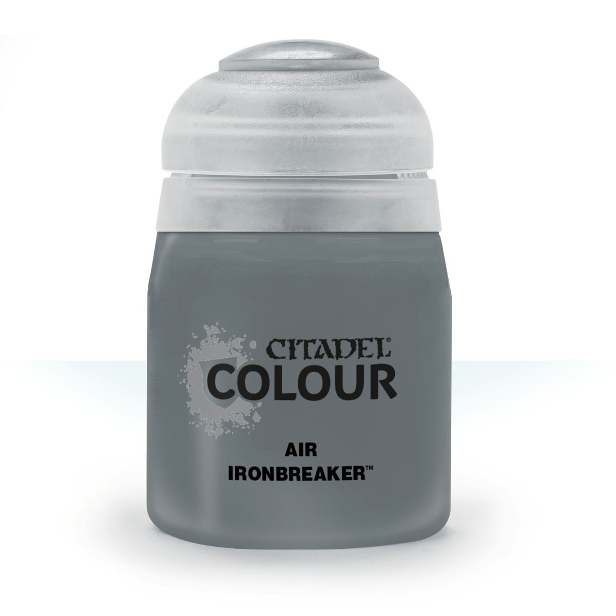 A squat gray paint bottle with a broad white cap is shown upright against a white background. The label reads “CITADEL COLOUR,” “AIR,” and “IRONBREAKER.”