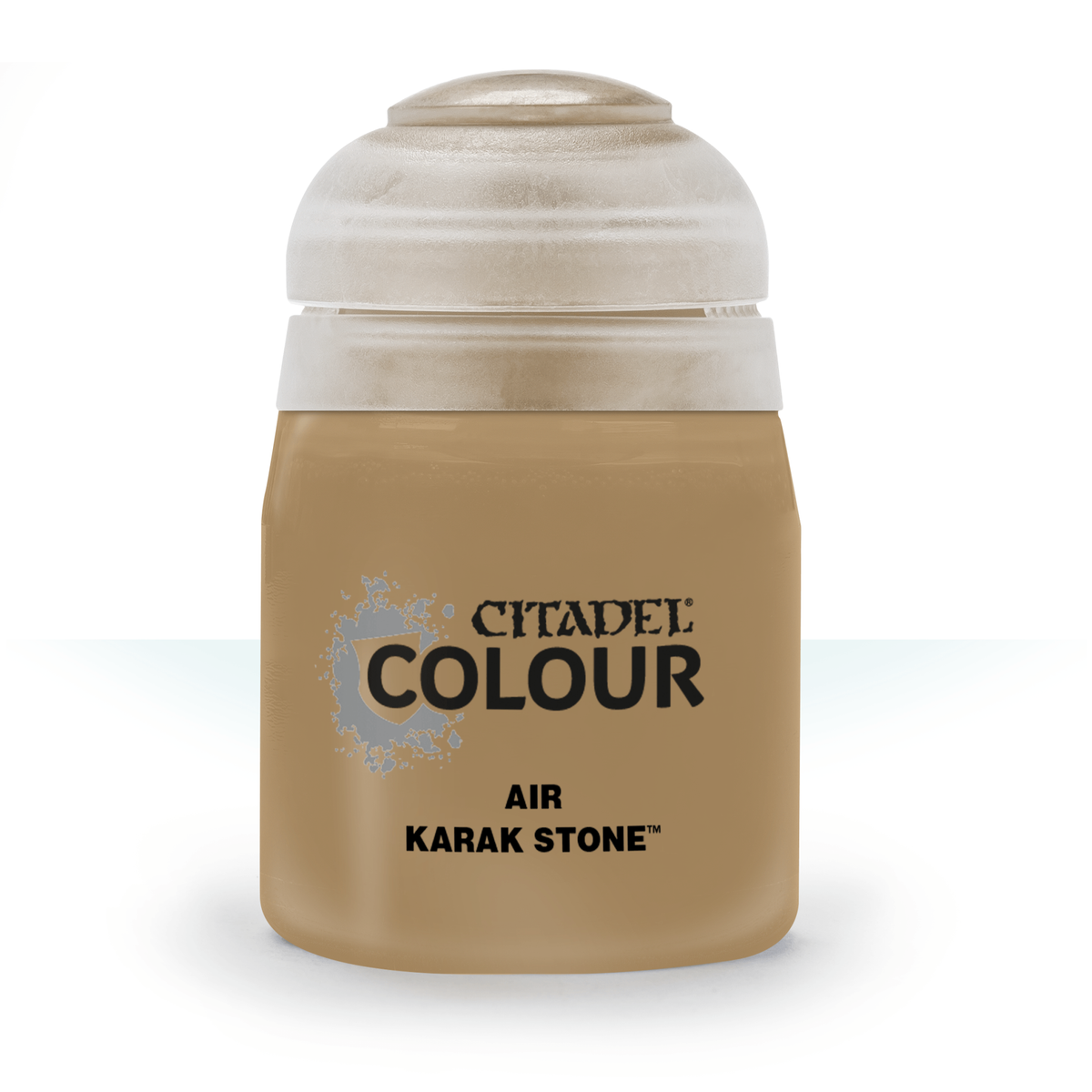 A squat, tan-brown Citadel paint bottle stands upright against a white background, with a large white cap and black label text reading “CITADEL COLOUR,” “AIR,” and “KARAK STONE.”