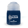 A small dark navy paint bottle with a translucent pale cap, shown upright against a white background. Its front label has a gray splatter graphic and the text “CITADEL COLOUR,” “AIR,” and “KANTOR BLUE.”