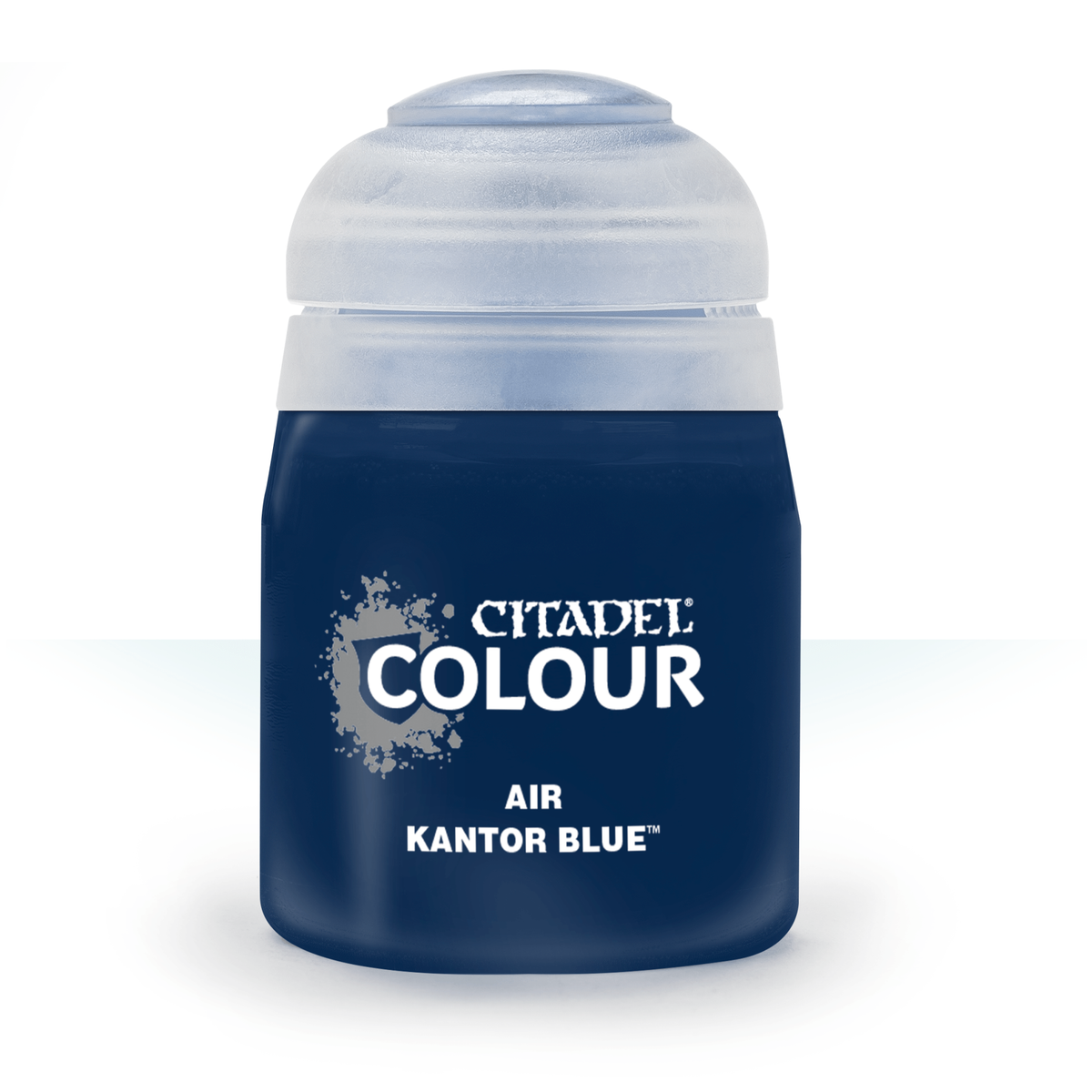 A small dark navy paint bottle with a translucent pale cap, shown upright against a white background. Its front label has a gray splatter graphic and the text “CITADEL COLOUR,” “AIR,” and “KANTOR BLUE.”