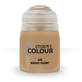 A squat tan paint bottle with a large white cap is shown upright against a white background. Its front label has a gray splash graphic and the black text “CITADEL COLOUR” and “AIR KISLEV FLESH.”