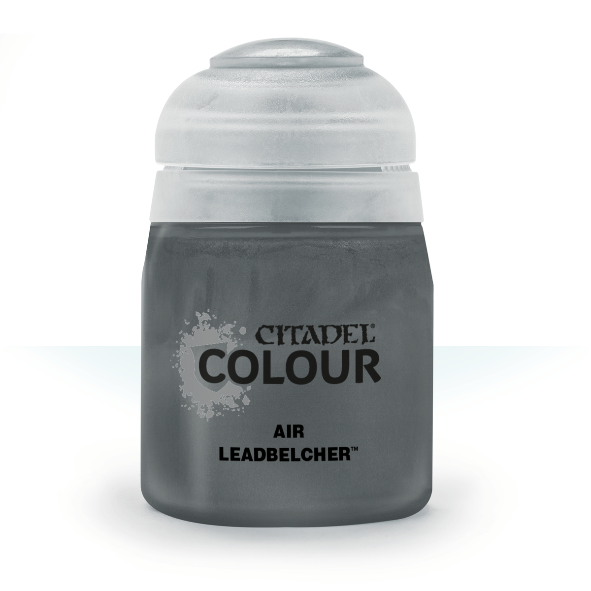 A squat bottle of dark metallic gray paint with a large white cap, shown upright against a white background. Its label reads “CITADEL COLOUR,” “AIR,” and “LEADBELCHER.”