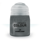 A squat bottle of dark metallic gray paint with a large white cap, shown upright against a white background. Its label reads “CITADEL COLOUR,” “AIR,” and “LEADBELCHER.”