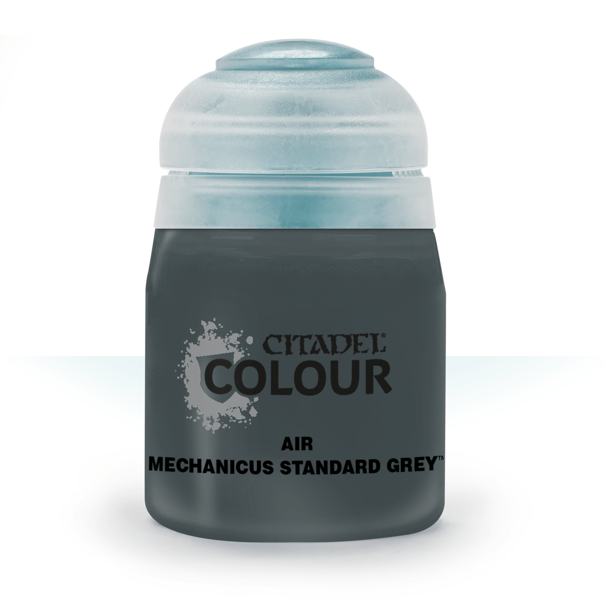A squat bottle of dark gray airbrush paint stands front-facing, with a pale blue-gray cap and a dark label reading “CITADEL COLOUR,” “AIR,” and “MECHANICUS STANDARD GREY.”