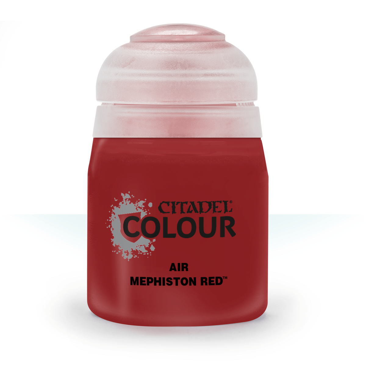 A squat red paint bottle with a wide translucent pale pink cap stands against a white background. Its label reads “CITADEL COLOUR,” “AIR,” and “MEPHISTON RED.”