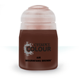 Front view of a dark brown paint bottle with a large pale translucent cap, standing against a white background. The label reads “CITADEL COLOUR” and “AIR MOURNFANG BROWN.”