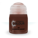 Front view of a dark brown paint bottle with a large pale translucent cap, standing against a white background. The label reads “CITADEL COLOUR” and “AIR MOURNFANG BROWN.”