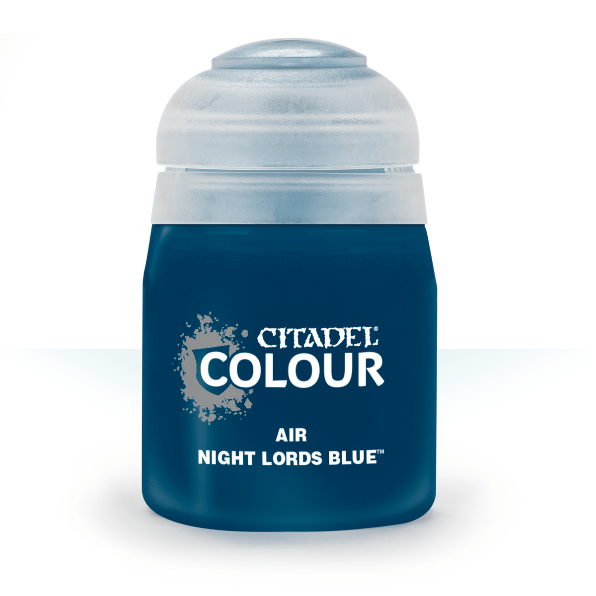 Dark teal-blue paint bottle with a wide translucent pale gray cap, shown upright against a white background. The front label reads “CITADEL COLOUR,” “AIR,” and “NIGHT LORDS BLUE.”