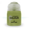 A squat olive-green paint bottle stands upright with a pale gray-white cap. Its label reads “CITADEL COLOUR,” “AIR,” and “OGRYN CAMO.”