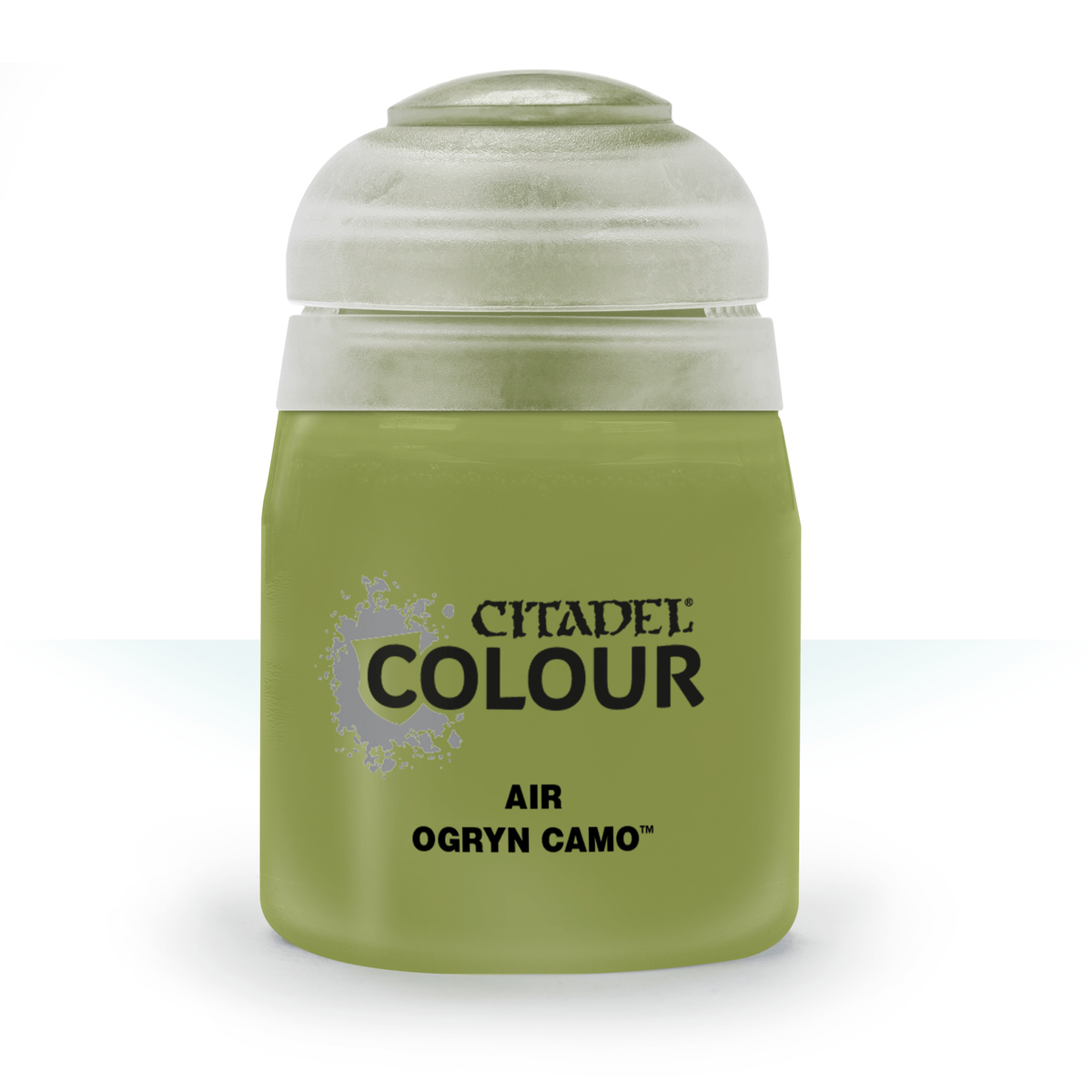 A squat olive-green paint bottle stands upright with a pale gray-white cap. Its label reads “CITADEL COLOUR,” “AIR,” and “OGRYN CAMO.”