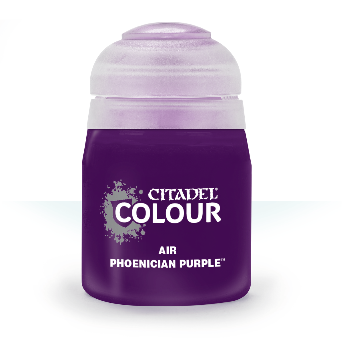 A squat bottle of deep purple hobby paint with a pale translucent lavender cap, shown upright against a white background. The label reads “CITADEL COLOUR,” “AIR,” and “PHOENICIAN PURPLE.”