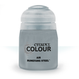 Front view of a squat, pale silver-gray paint bottle with a rounded cap on a white background. Its black label reads “CITADEL COLOUR” and “AIR RUNEFANG STEEL.”