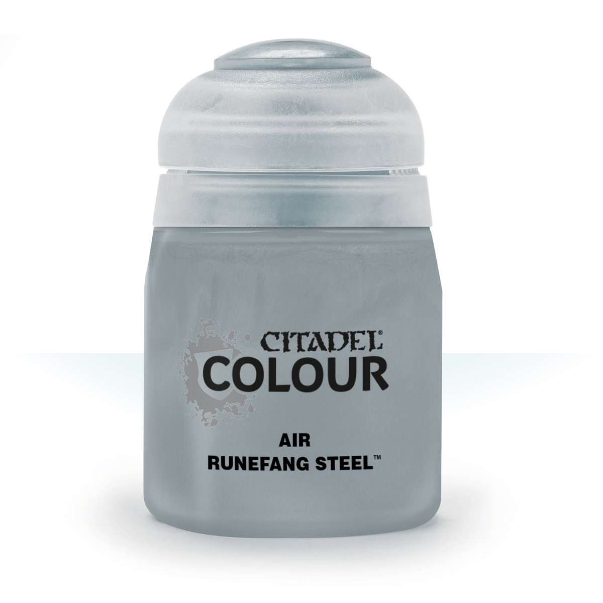Front view of a squat, pale silver-gray paint bottle with a rounded cap on a white background. Its black label reads “CITADEL COLOUR” and “AIR RUNEFANG STEEL.”