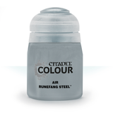 Front view of a squat, pale silver-gray paint bottle with a rounded cap on a white background. Its black label reads “CITADEL COLOUR” and “AIR RUNEFANG STEEL.”