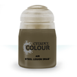 A squat olive-brown paint bottle with a large off-white ridged cap, shown upright against a white background. The label reads “CITADEL COLOUR,” “AIR,” and “STEEL LEGION DRAB.”