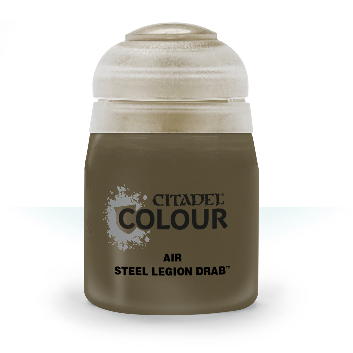 A squat olive-brown paint bottle with a large off-white ridged cap, shown upright against a white background. The label reads “CITADEL COLOUR,” “AIR,” and “STEEL LEGION DRAB.”