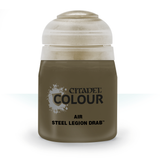 A squat olive-brown paint bottle with a large off-white ridged cap, shown upright against a white background. The label reads “CITADEL COLOUR,” “AIR,” and “STEEL LEGION DRAB.”