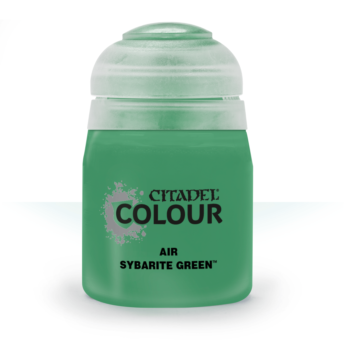 A green paint bottle with a pale translucent cap, shown upright against a white background. Its black label reads “CITADEL COLOUR,” “AIR,” and “SYBARITE GREEN.”