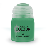 A green paint bottle with a pale translucent cap, shown upright against a white background. Its black label reads “CITADEL COLOUR,” “AIR,” and “SYBARITE GREEN.”