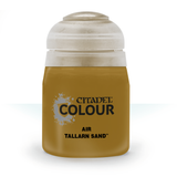 A squat ochre-brown paint bottle stands upright against a white background, with a large rounded white cap and a front label reading “CITADEL COLOUR,” “AIR,” and “TALLARN SAND.”