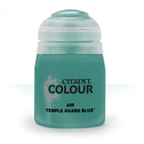 A single teal-green paint bottle stands upright against a white background, with a pale translucent cap and a rounded rectangular body. Its front label reads “CITADEL COLOUR,” “AIR,” and “TEMPLE GUARD BLUE™.”