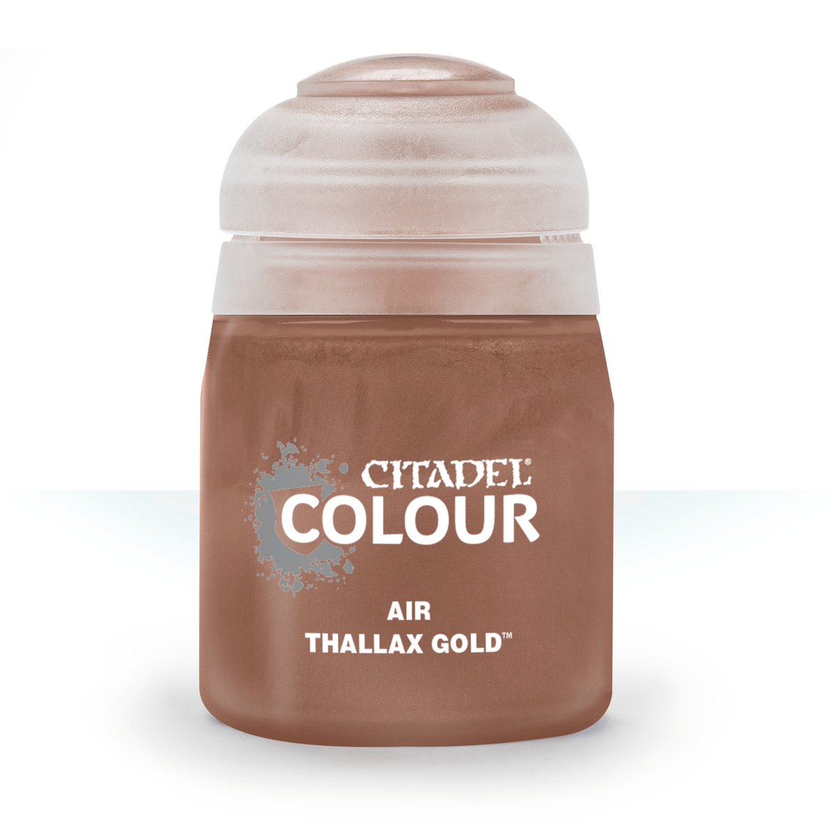 A squat brown-copper paint bottle stands upright against a white background, with a wide pale translucent cap and a front label reading “CITADEL COLOUR” and “AIR THALLAX GOLD™.”