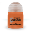 A squat orange paint bottle with a wide translucent white cap, shown upright against a white background. The front label reads “CITADEL COLOUR,” “AIR,” and “TROLL SLAYER ORANGE.”