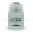 A squat pale grey-green paint bottle with a large rounded white cap, shown upright against a white background. Its front label reads “CITADEL COLOUR” and “AIR ULTHUAN GREY.”
