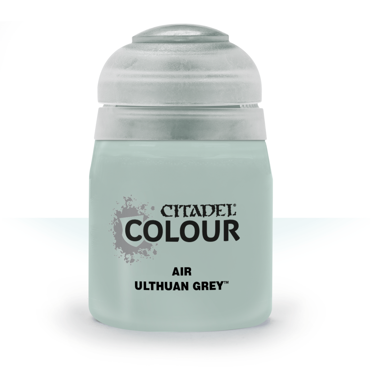 A squat pale grey-green paint bottle with a large rounded white cap, shown upright against a white background. Its front label reads “CITADEL COLOUR” and “AIR ULTHUAN GREY.”