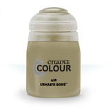 A squat bottle of pale beige paint with a large white ribbed cap, shown upright against a white background. Its front label reads “CITADEL COLOUR,” “AIR,” and “USHABTI BONE.”