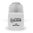 A squat white paint pot with a rounded, ridged cap, shown upright against a plain white background. Its front label has a gray splatter graphic and the text “CITADEL COLOUR,” “AIR,” and “WHITE SCAR.”