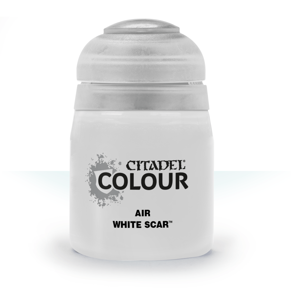 A squat white paint pot with a rounded, ridged cap, shown upright against a plain white background. Its front label has a gray splatter graphic and the text “CITADEL COLOUR,” “AIR,” and “WHITE SCAR.”