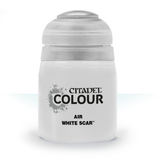 A squat white paint pot with a rounded, ridged cap, shown upright against a plain white background. Its front label has a gray splatter graphic and the text “CITADEL COLOUR,” “AIR,” and “WHITE SCAR.”