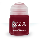 A squat bottle of deep red paint with a translucent pale pink cap stands against a white background. Its label reads “CITADEL COLOUR,” “AIR,” and “WORD BEARERS RED.”