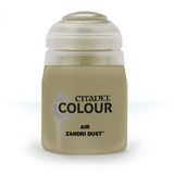 A squat, rounded bottle of muted tan paint with a large white cap, shown upright against a white background. The front label reads “CITADEL COLOUR” and “AIR ZANDRI DUST.”