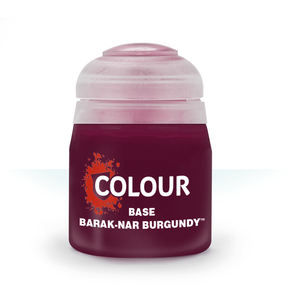 A squat pot of deep burgundy base paint stands against a white background, with a pale translucent pink cap. Its front label reads “COLOUR,” “BASE,” and “BARAK-NAR BURGUNDY.”