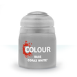 A squat, rounded gray paint pot with a domed lid, shown upright against a white background. Its label has a red paint-splash graphic and the white text “COLOUR,” “BASE” and “CORAX WHITE.”