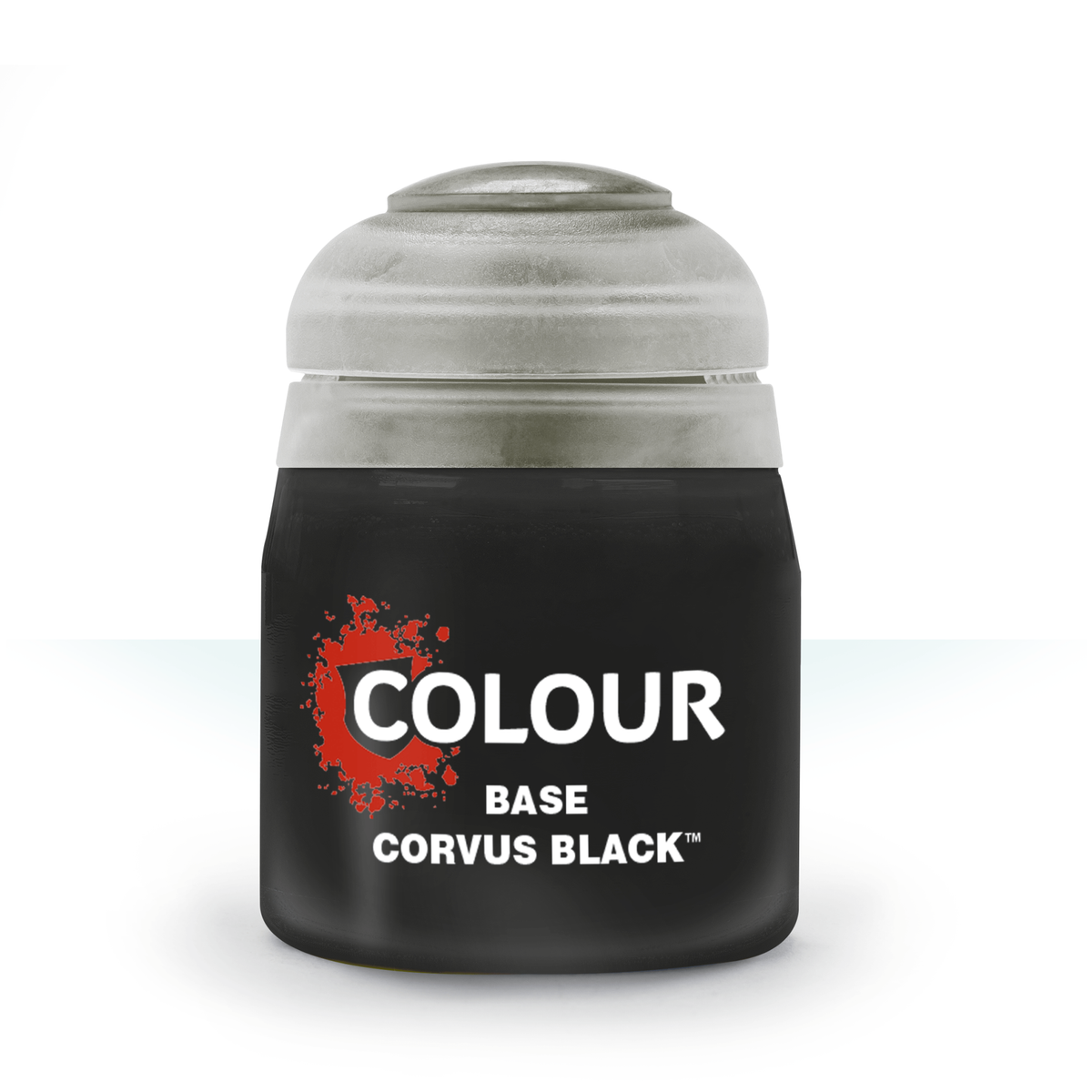 A squat black paint pot with a translucent gray lid is shown upright against a white background. Its label has a red splatter graphic and the white text “COLOUR,” “BASE,” and “CORVUS BLACK.”