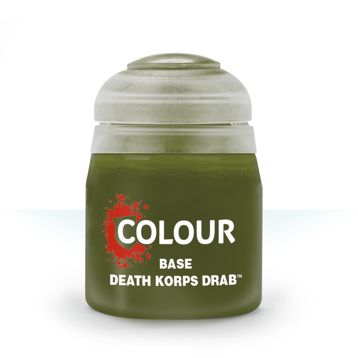 A squat olive-green paint pot with a pale gray-green cap, shown upright against a white background. Its front label has a red splatter graphic behind the bold white text “COLOUR,” with “BASE” and “DEATH KORPS DRAB” below.