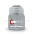 A squat, gray plastic paint pot with a rounded matching lid stands upright against a white background. Its label has a red paint-splatter graphic and white text reading “COLOUR,” “BASE,” and “GREY KNIGHTS STEEL.”